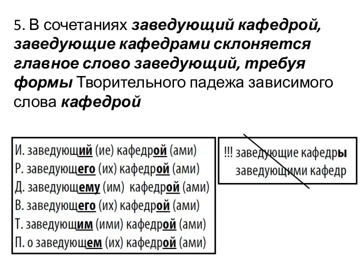 5. В сочетаниях заведующий кафедрой, заведующие кафедрами склоняется главное слово заведующий,