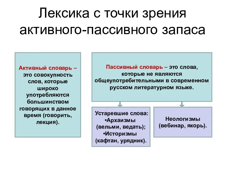 Лексика с точки зрения активного-пассивного запаса Активный словарь – это совокупность