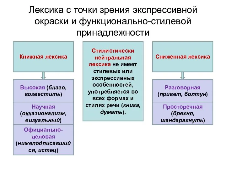 Лексика с точки зрения экспрессивной окраски и функционально-стилевой принадлежности Стилистически нейтральная