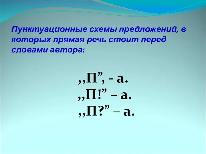 Пунктуационные схемы предложений, в которых прямая речь стоит перед словами автора: