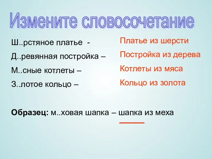 Измените словосочетание Ш..рстяное платье - Д..ревянная постройка – М..сные котлеты –