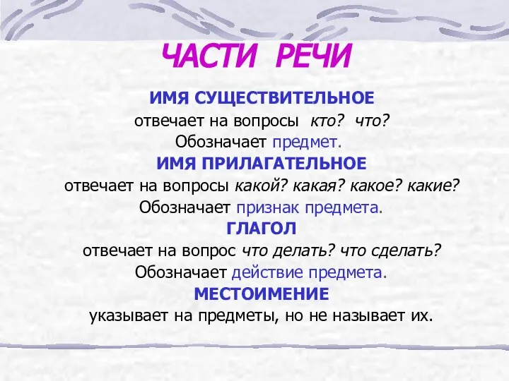 ЧАСТИ РЕЧИ ИМЯ СУЩЕСТВИТЕЛЬНОЕ отвечает на вопросы кто? что? Обозначает предмет.