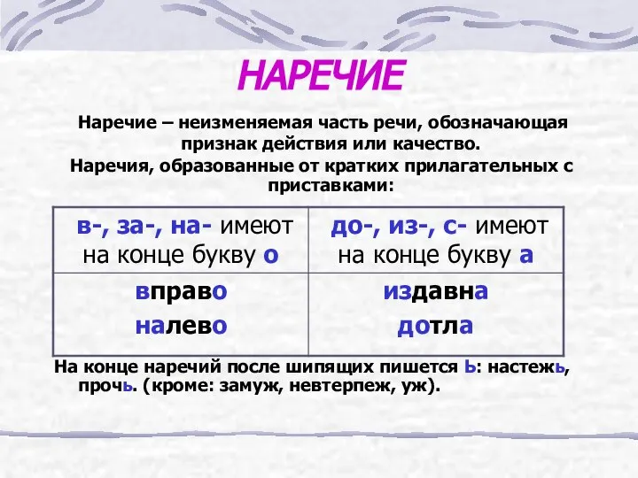 НАРЕЧИЕ Наречие – неизменяемая часть речи, обозначающая признак действия или качество.