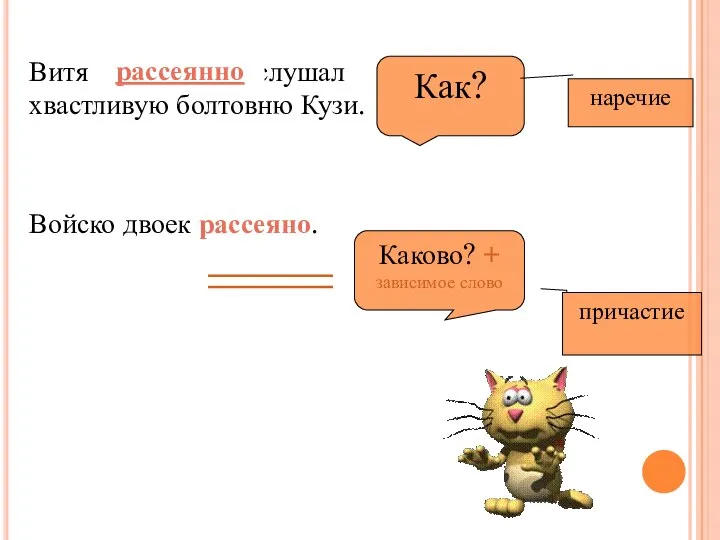 Витя рассеянно слушал хвастливую болтовню Кузи. Войско двоек рассеяно. Как? причастие