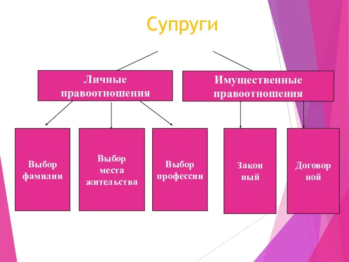 Супруги Личные правоотношения Имущественные правоотношения Выбор фамилии Выбор места жительства Выбор профессии Закон ный Договор ной