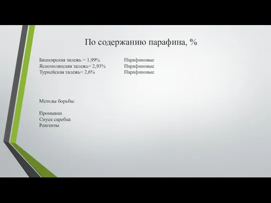 По содержанию парафина, % Башкирская залежь = 1,99% Яснополянская залежь= 2,93%