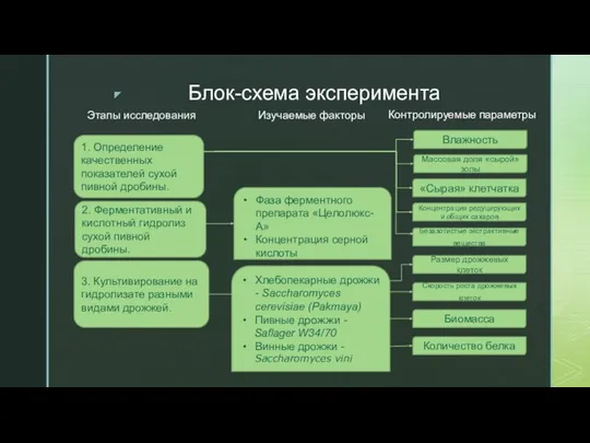 Блок-схема эксперимента Этапы исследования Изучаемые факторы Контролируемые параметры 1. Определение качественных