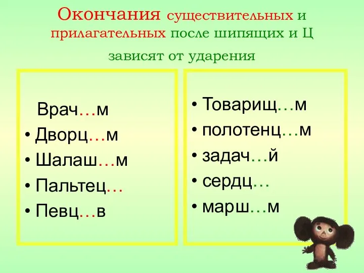 Окончания существительных и прилагательных после шипящих и Ц зависят от ударения