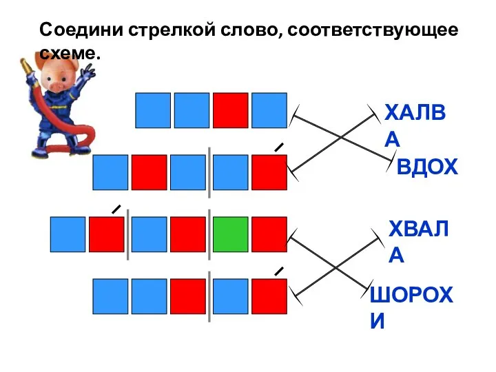 Соедини стрелкой слово, соответствующее схеме. ХАЛВА ВДОХ ХВАЛА ШОРОХИ