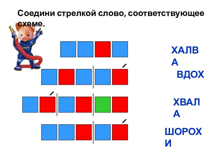 Соедини стрелкой слово, соответствующее схеме. ХАЛВА ВДОХ ХВАЛА ШОРОХИ