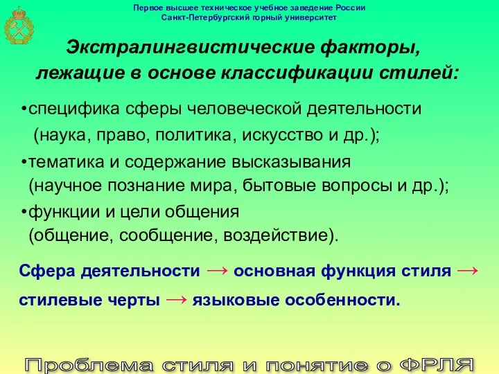 Проблема стиля и понятие о ФРЛЯ Экстралингвистические факторы, лежащие в основе