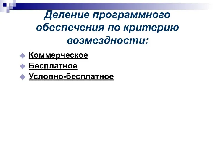 Деление программного обеспечения по критерию возмездности: Коммерческое Бесплатное Условно-бесплатное