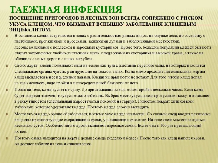 ТАЕЖНАЯ ИНФЕКЦИЯ ПОСЕЩЕНИЕ ПРИГОРОДОВ И ЛЕСНЫХ ЗОН ВСЕГДА СОПРЯЖЕНО С РИСКОМ