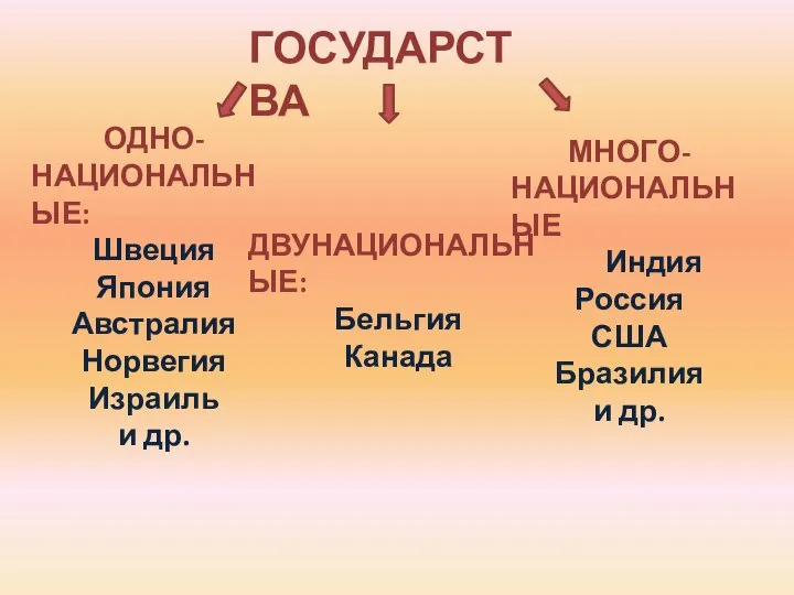 ГОСУДАРСТВА ОДНО- НАЦИОНАЛЬНЫЕ: Швеция Япония Австралия Норвегия Израиль и др. ДВУНАЦИОНАЛЬНЫЕ: