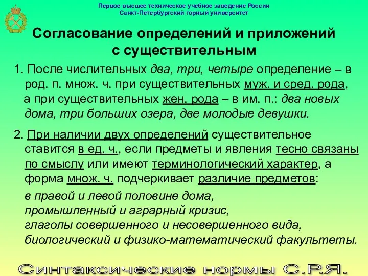 Синтаксические нормы С.Р.Я. Согласование определений и приложений с существительным 1. После