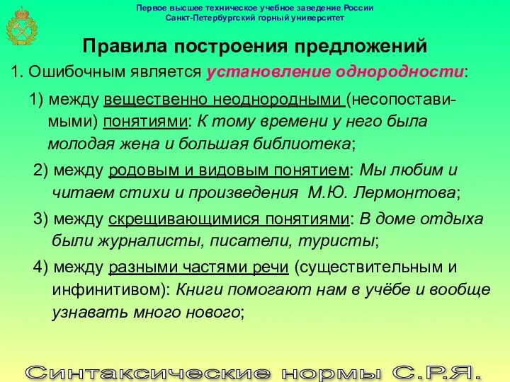 Синтаксические нормы С.Р.Я. Правила построения предложений 1. Ошибочным является установление однородности: