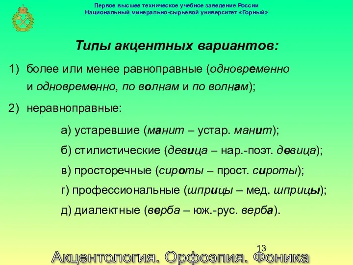 Акцентология. Орфоэпия. Фоника Типы акцентных вариантов: более или менее равноправные (одновременно