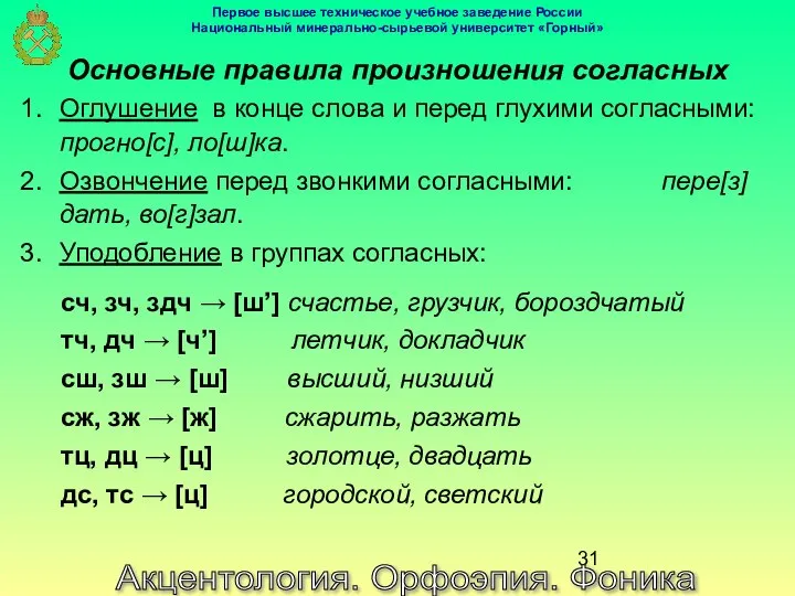 Акцентология. Орфоэпия. Фоника Основные правила произношения согласных Оглушение в конце слова