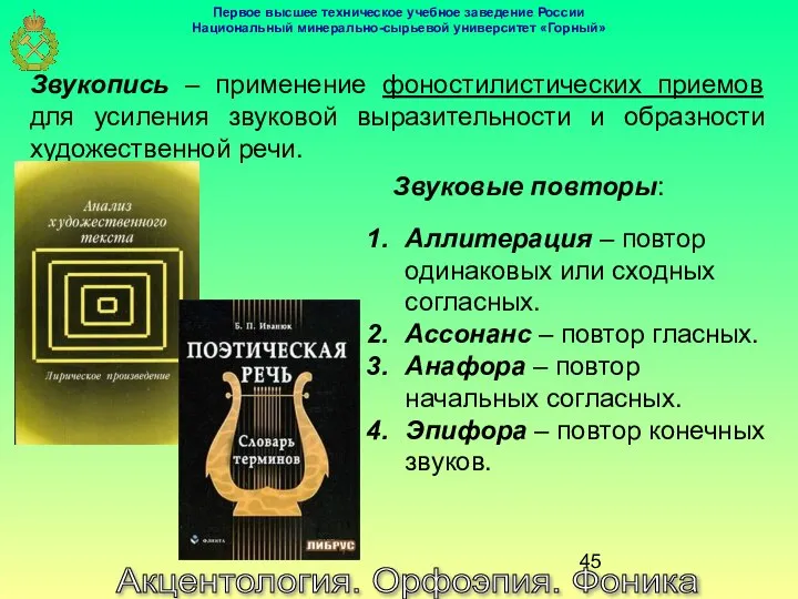 Акцентология. Орфоэпия. Фоника Звукопись – применение фоностилистических приемов для усиления звуковой