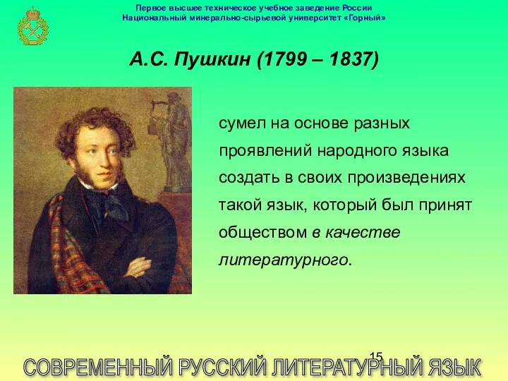 А.С. Пушкин (1799 – 1837) СОВРЕМЕННЫЙ РУССКИЙ ЛИТЕРАТУРНЫЙ ЯЗЫК сумел на