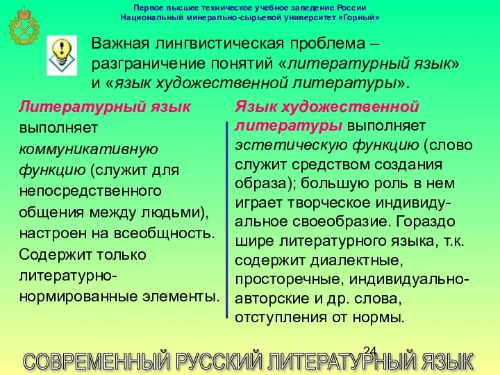 СОВРЕМЕННЫЙ РУССКИЙ ЛИТЕРАТУРНЫЙ ЯЗЫК Важная лингвистическая проблема – разграничение понятий «литературный