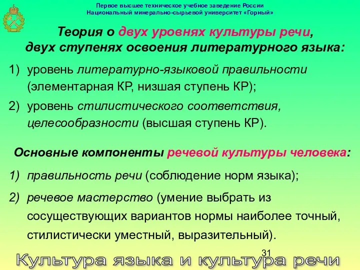 Культура языка и культура речи Теория о двух уровнях культуры речи,