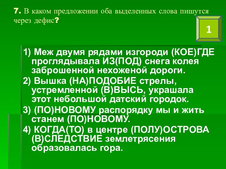 7. В каком предложении оба выделенных слова пишутся через дефис? 1)