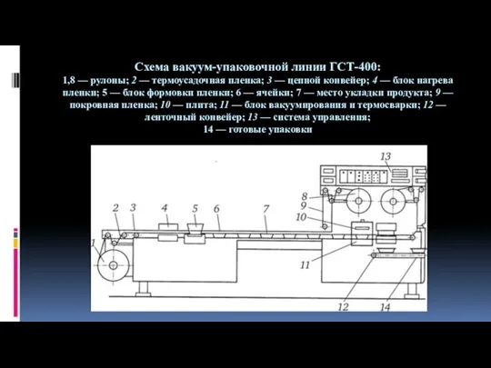 Схема вакуум-упаковочной линии ГСТ-400: 1,8 — рулоны; 2 — термоусадочная пленка;