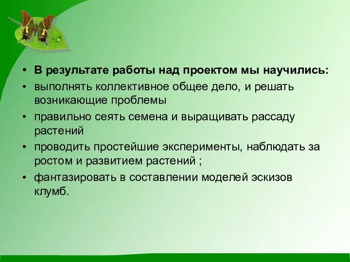 В результате работы над проектом мы научились: выполнять коллективное общее дело,