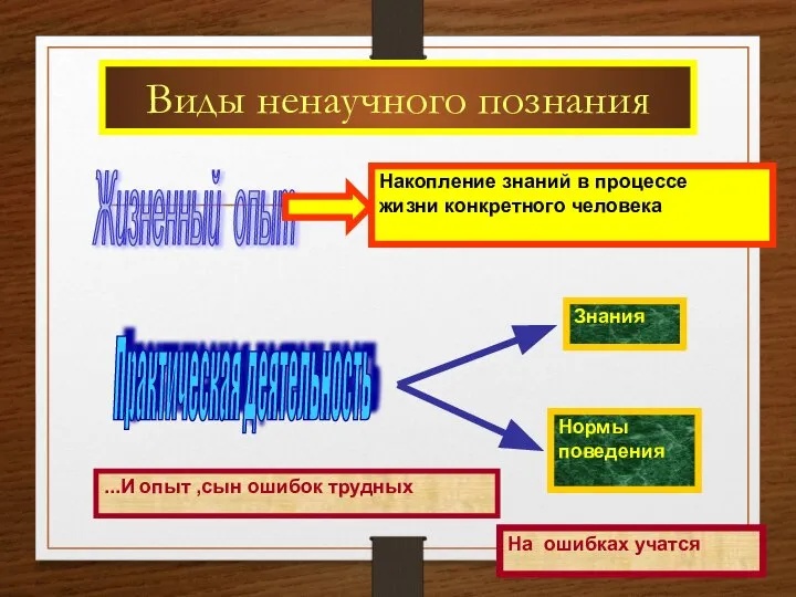 Виды ненаучного познания Жизненный опыт Практическая деятельность ...И опыт ,сын ошибок трудных На ошибках учатся