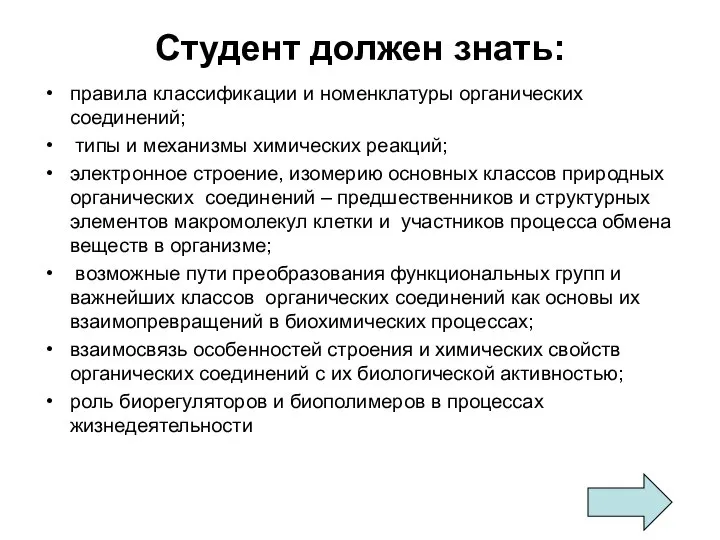 Студент должен знать: правила классификации и номенклатуры органических соединений; типы и