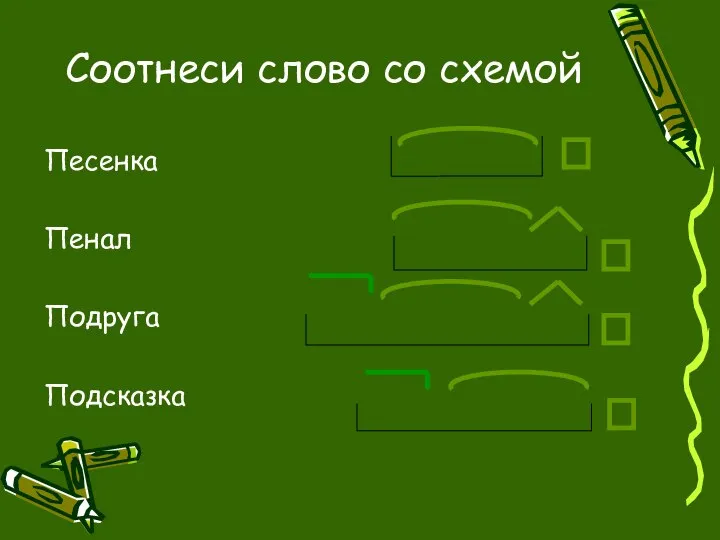 Соотнеси слово со схемой Песенка Пенал Подруга Подсказка