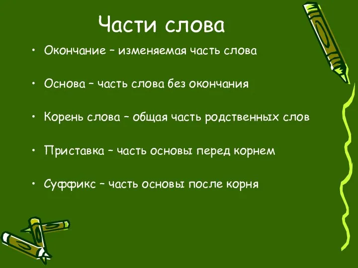 Части слова Окончание – изменяемая часть слова Основа – часть слова