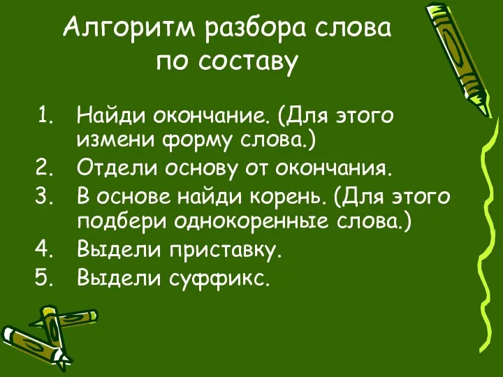 Алгоритм разбора слова по составу Найди окончание. (Для этого измени форму