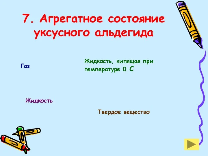 7. Агрегатное состояние уксусного альдегида Газ Жидкость, кипящая при температуре 0 С Жидкость Твердое вещество