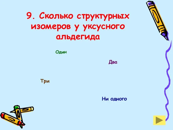 9. Сколько структурных изомеров у уксусного альдегида Один Два Три Ни одного