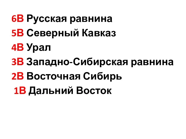 6В Русская равнина 5В Северный Кавказ 4В Урал 3В Западно-Сибирская равнина