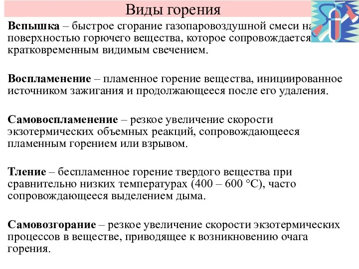 Виды горения Вспышка – быстрое сгорание газопаровоздушной смеси над поверхностью горючего