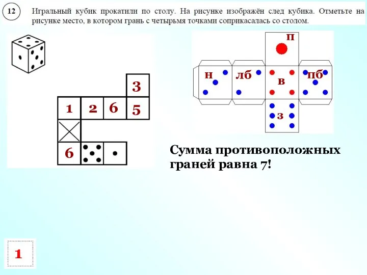 Сумма противоположных граней равна 7! п в пб лб з н