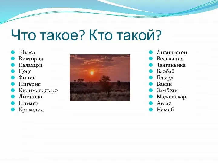 Что такое? Кто такой? Ньяса Виктория Калахари Цеце Финик Нигерия Килиманджаро