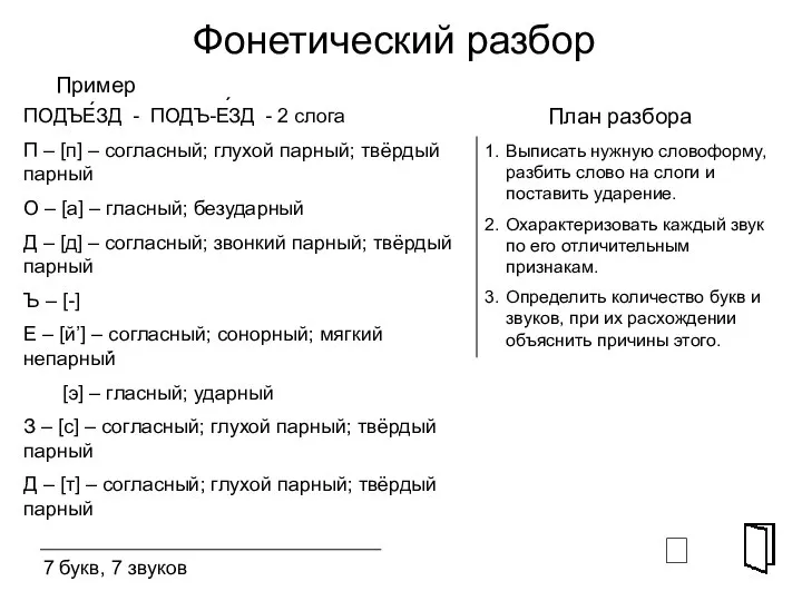 Фонетический разбор ⮶ План разбора Выписать нужную словоформу, разбить слово на