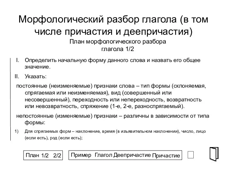 Морфологический разбор глагола (в том числе причастия и деепричастия) ⮶ Определить