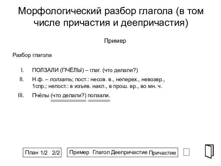 Морфологический разбор глагола (в том числе причастия и деепричастия) ⮶ Пример