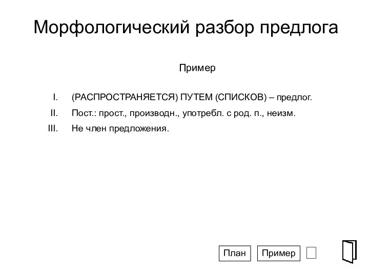 Морфологический разбор предлога ⮶ СПГ Пример (РАСПРОСТРАНЯЕТСЯ) ПУТЕМ (СПИСКОВ) – предлог.