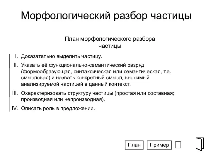 Морфологический разбор частицы ⮶ СПГ Доказательно выделить частицу. Указать её функционально-семантический