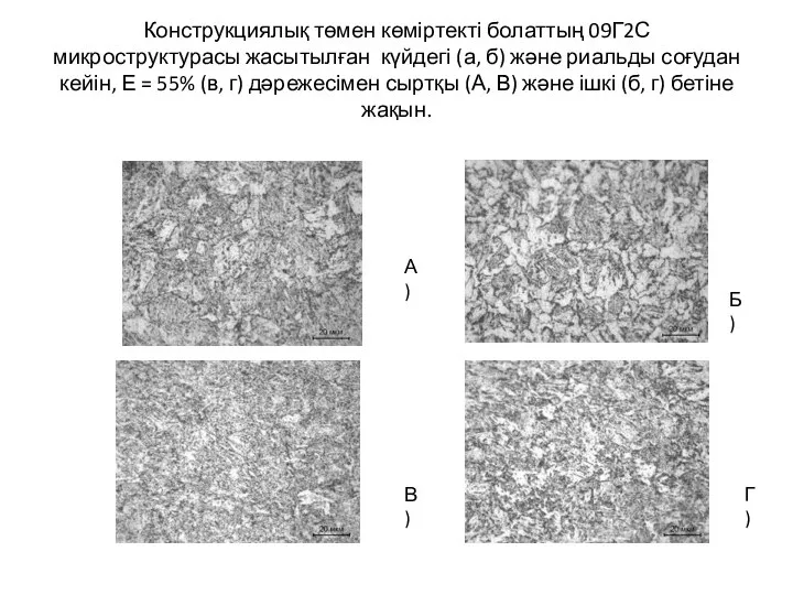 Конструкциялық төмен көміртекті болаттың 09Г2С микроструктурасы жасытылған күйдегі (а, б) және