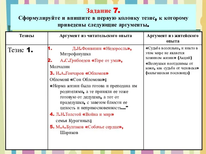 Задание 7. Сформулируйте и впишите в первую колонку тезис, к которому приведены следующие аргументы.