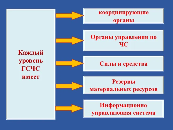 Каждый уровень ГСЧС имеет координирующие органы Органы управления по ЧС Силы