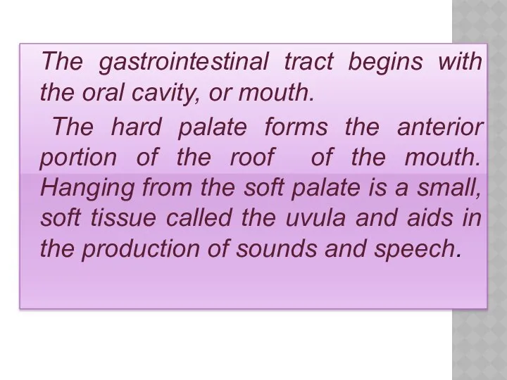 The gastrointestinal tract begins with the oral cavity, or mouth. The