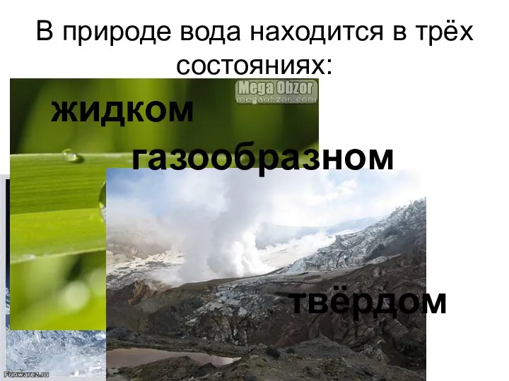 В природе вода находится в трёх состояниях: жидком газообразном твёрдом